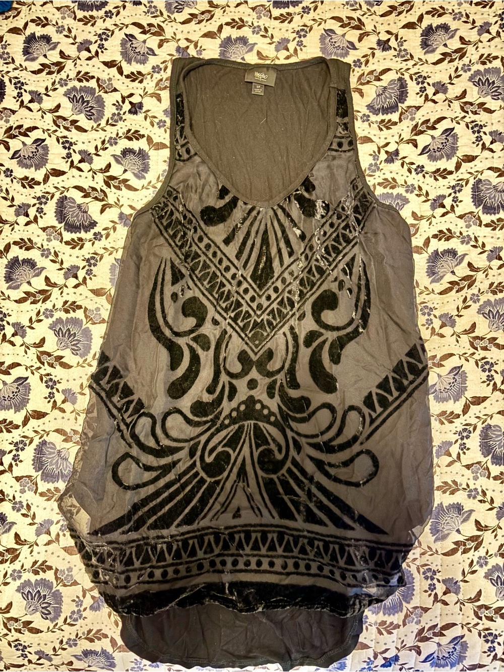 Y2K Mossimo Supply Co. Black Velvet-Print V-Neck Tank | Small